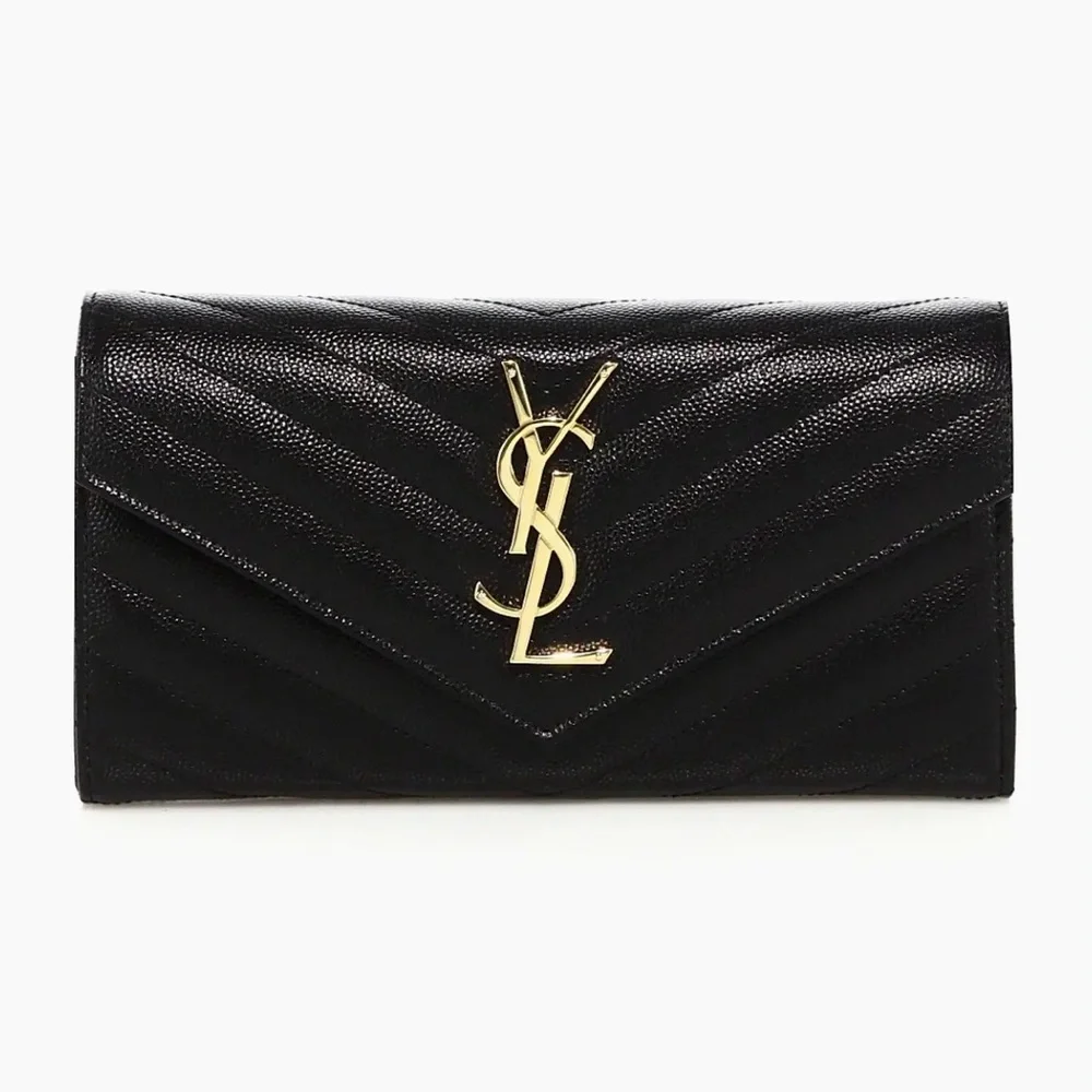 Saint Laurent Black Quilted Leather YSL Logo Envelope Wallet - Picture 1 of 2